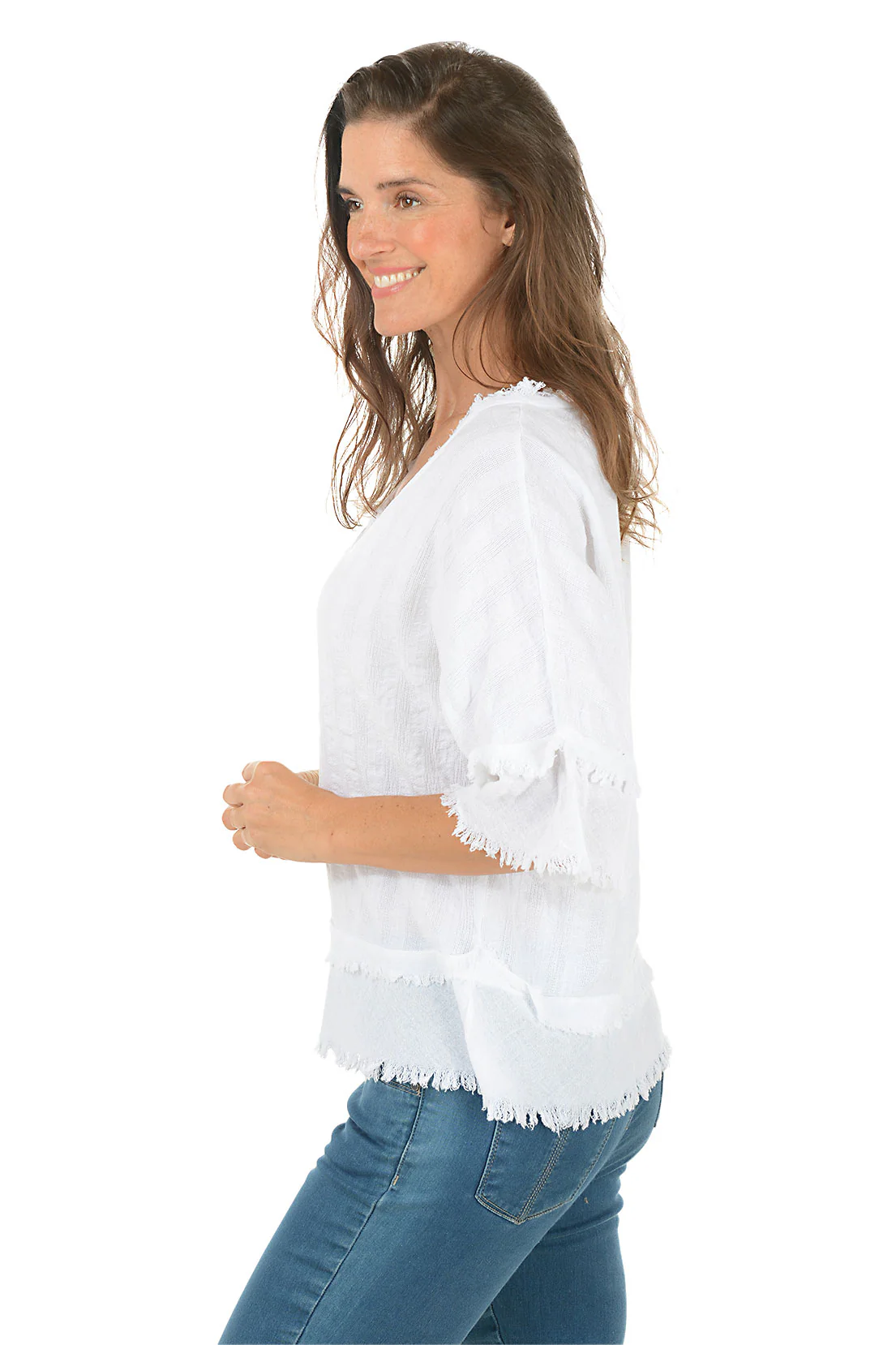 Stripe Textured Cotton Gauze Frayed Blouse - Image 3