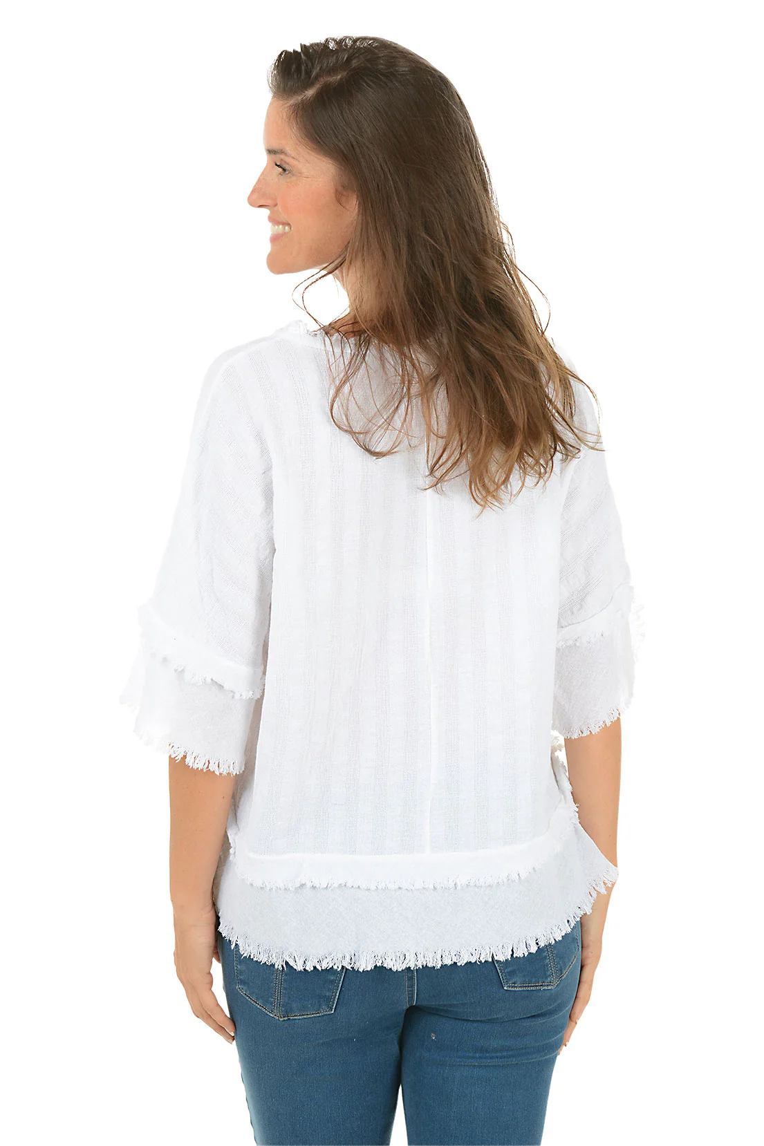Stripe Textured Cotton Gauze Frayed Blouse - Image 4