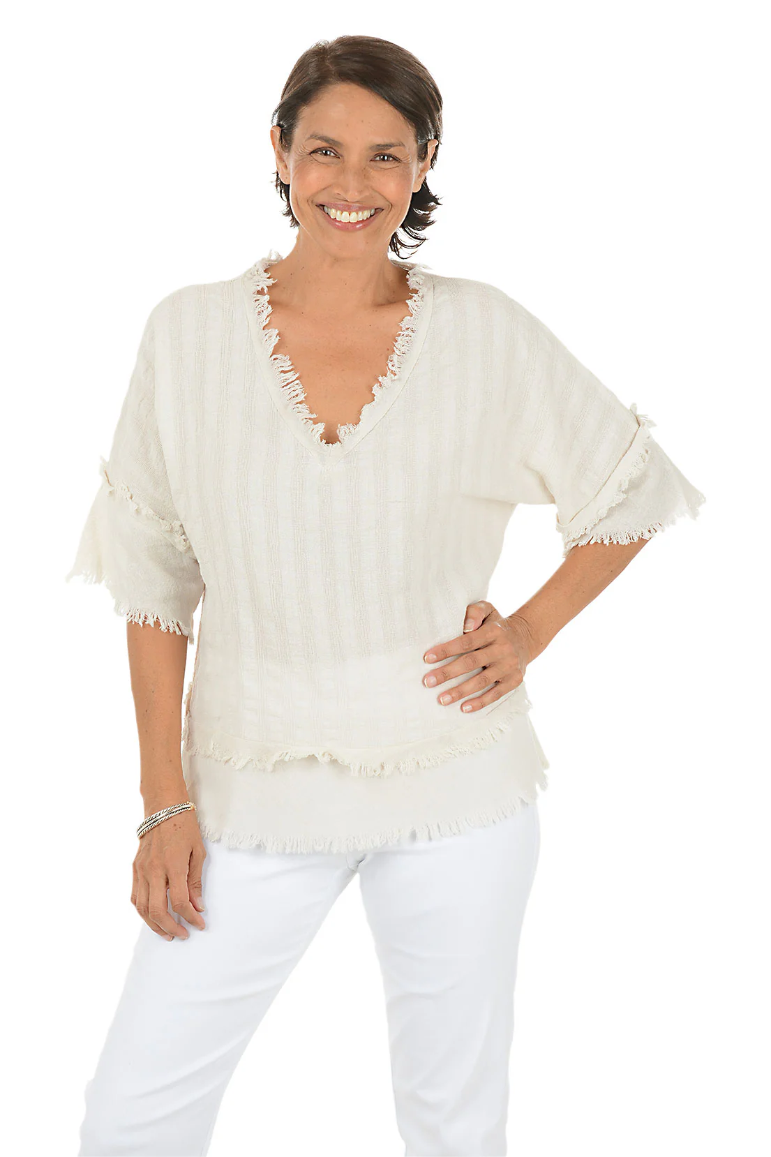 Stripe Textured Cotton Gauze Frayed Blouse - Image 5