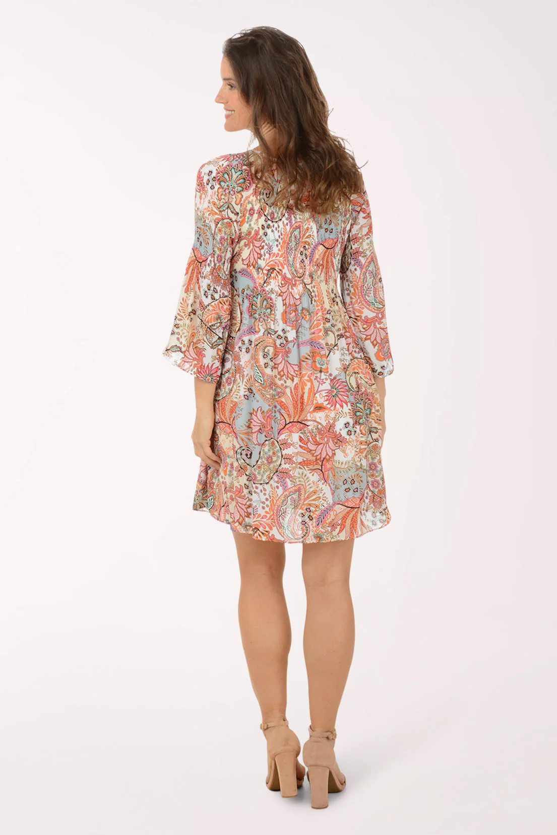 Coral Paisley Keyhole Neck Pleated Dress - Image 3