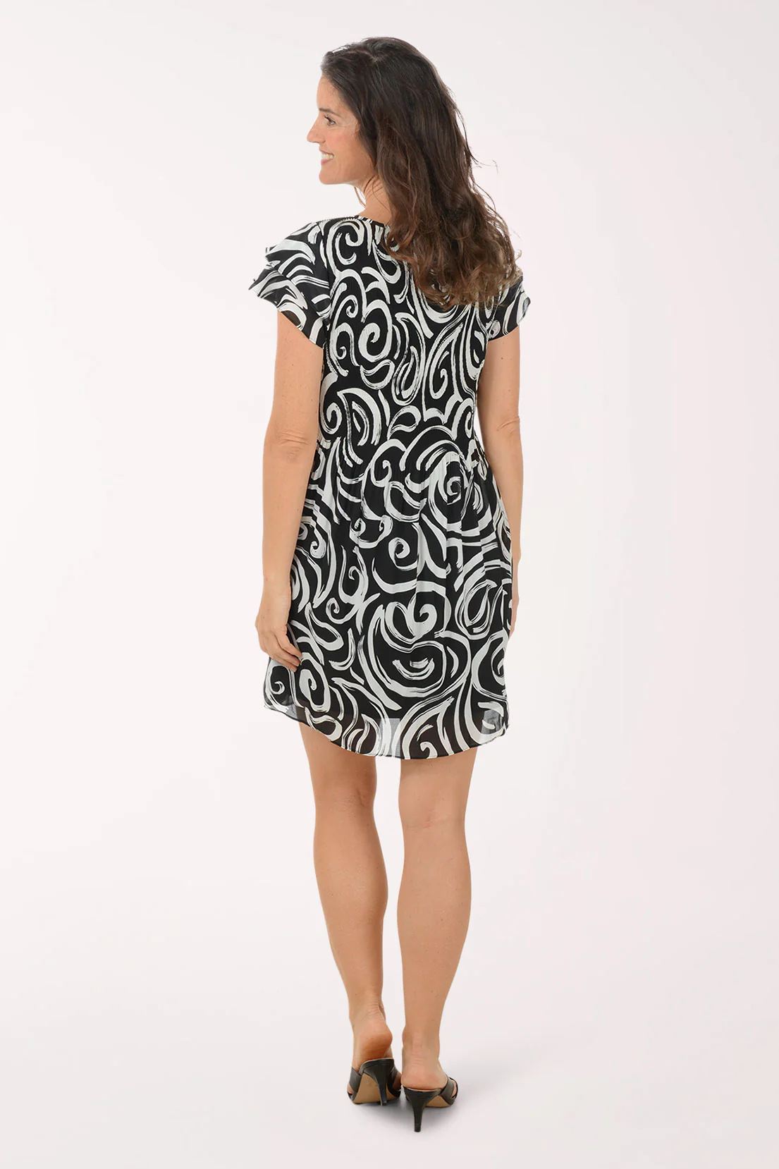 Brushstroke Swirls Flounce Sleeve Pleated Dress - Image 3
