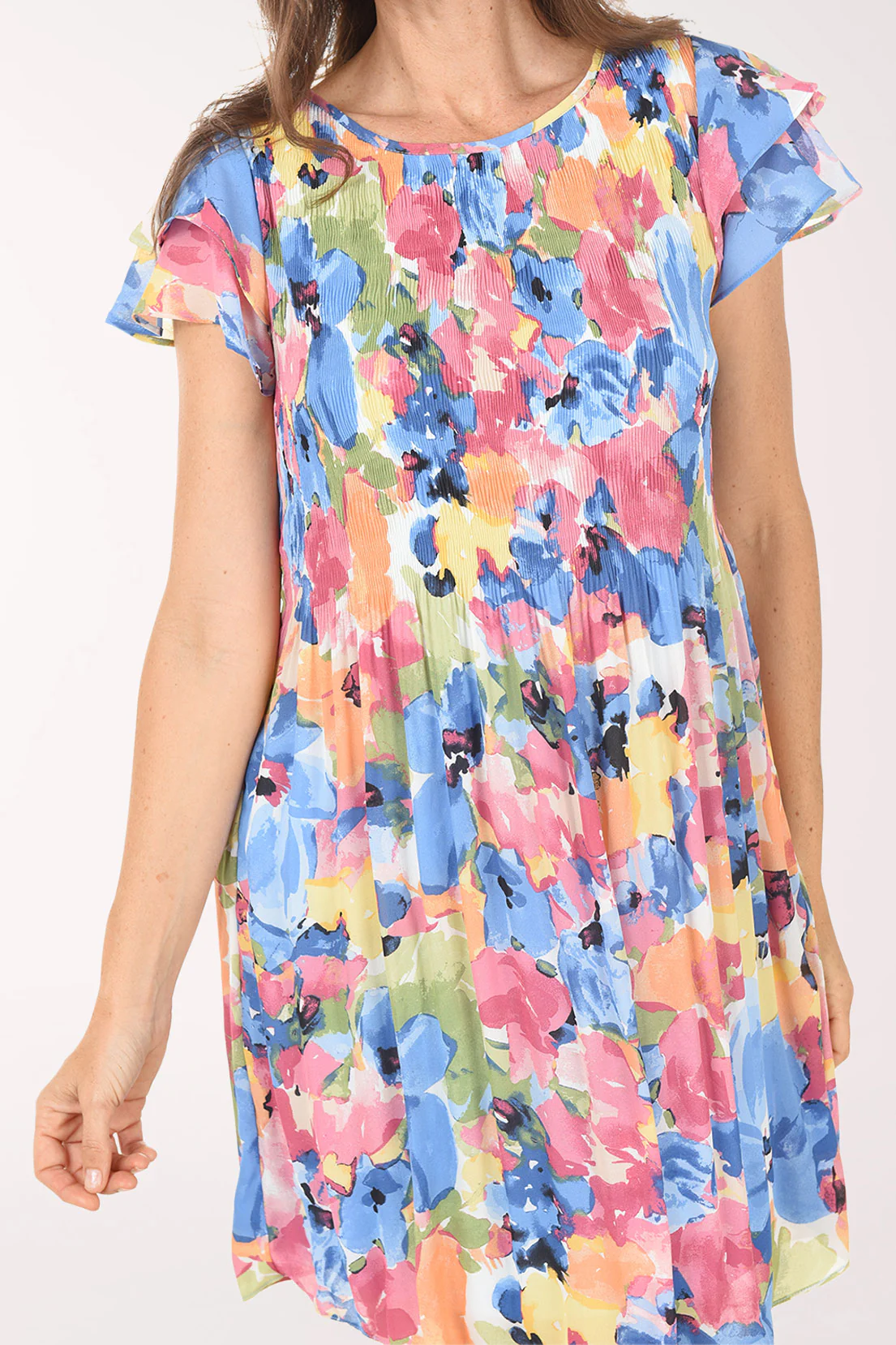 Mauve Floral Flounce Sleeve Pleated Dress - Image 5